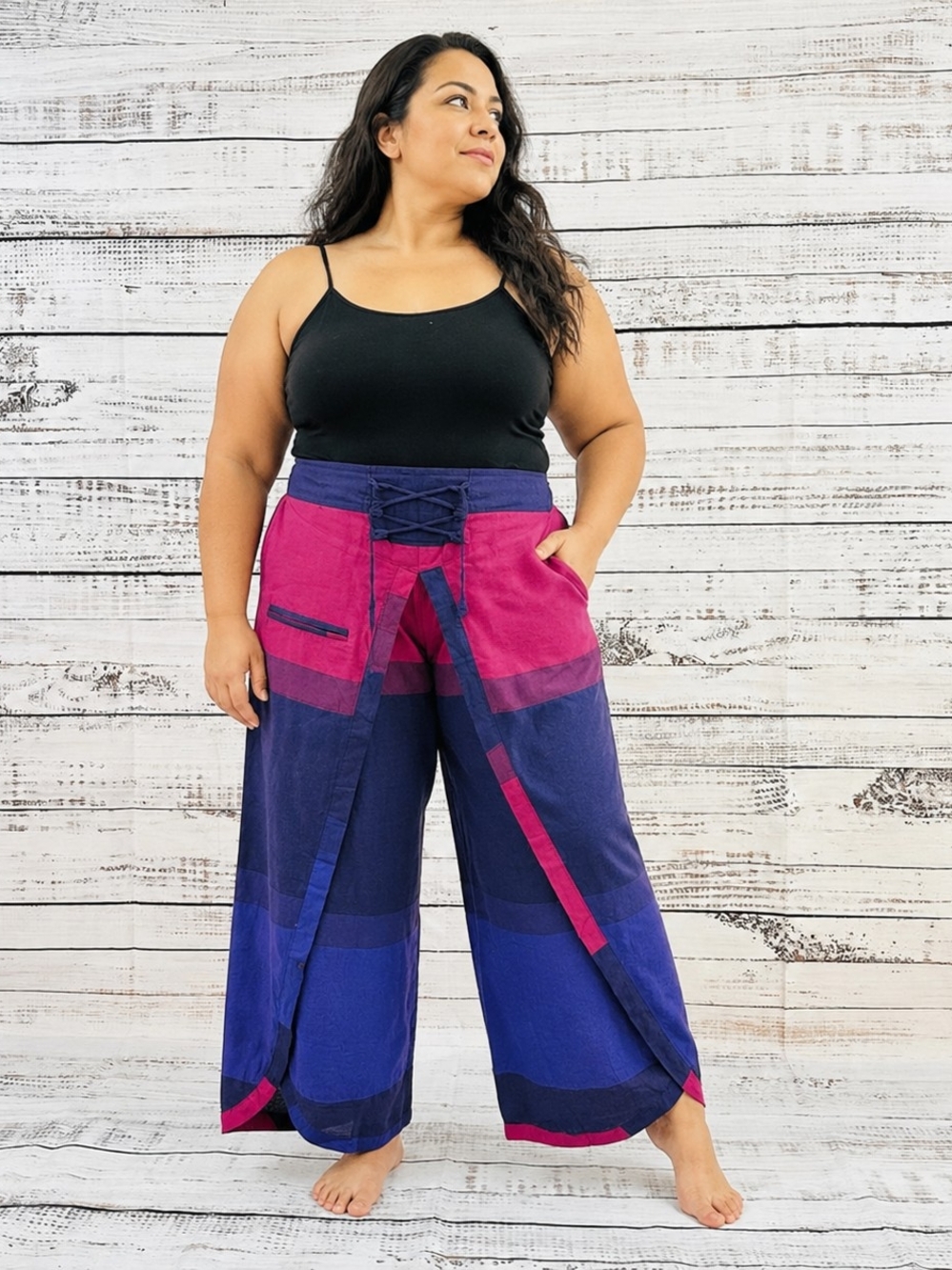 Karma Nepal Crafts Colorblock Wrap Palazzo Pants OS Plus 100% Cotton Boho
